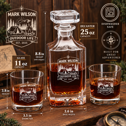 Gift for Outdoorsmen – Square Decanter Set with 4 Glasses & Wooden Box – image 02