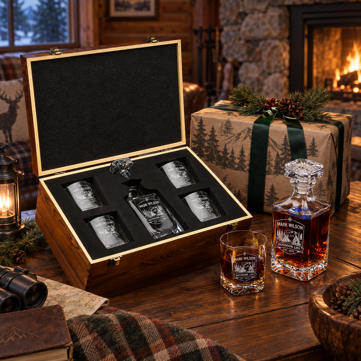 Gift for Outdoorsmen – Square Decanter Set with 4 Glasses & Wooden Box – image 04