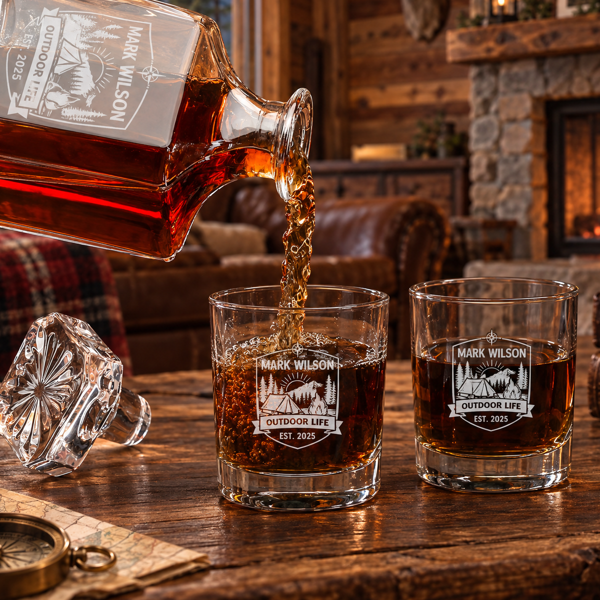 Gift for Outdoorsmen – Square Decanter Set with 4 Glasses & Wooden Box – image 06