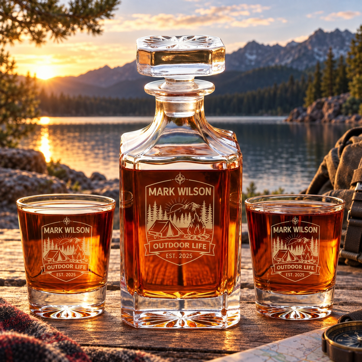 Gift for Outdoorsmen – Square Decanter Set with 4 Glasses & Wooden Box product image