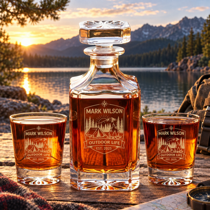 Gift for Outdoorsmen – Square Decanter Set with 4 Glasses & Wooden Box – image 08