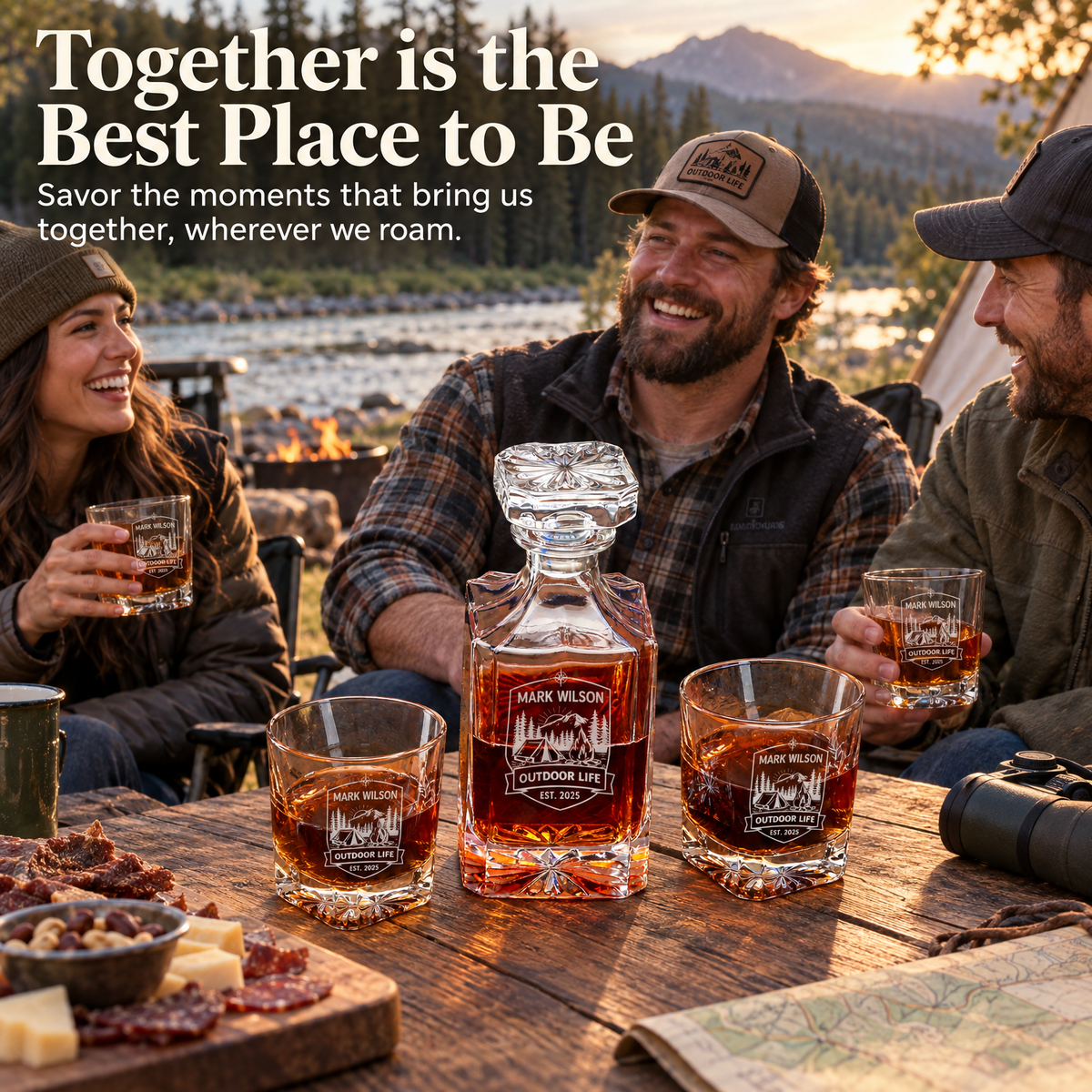 Gift for Outdoorsmen – Square Decanter Set with 4 Glasses & Wooden Box – image 09