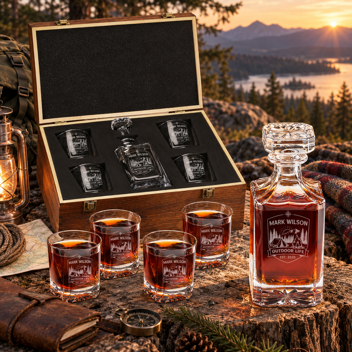 Gift for Outdoorsmen – Square Decanter Set with 4 Glasses & Wooden Box – image 10
