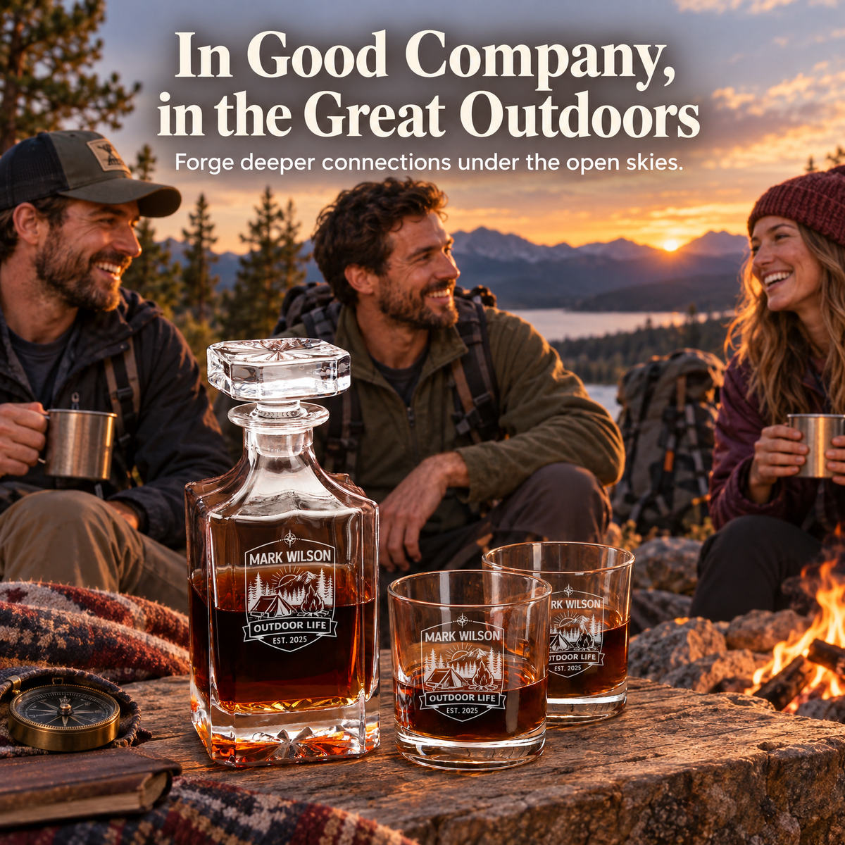 Gift for Outdoorsmen – Square Decanter Set with 4 Glasses & Wooden Box product image