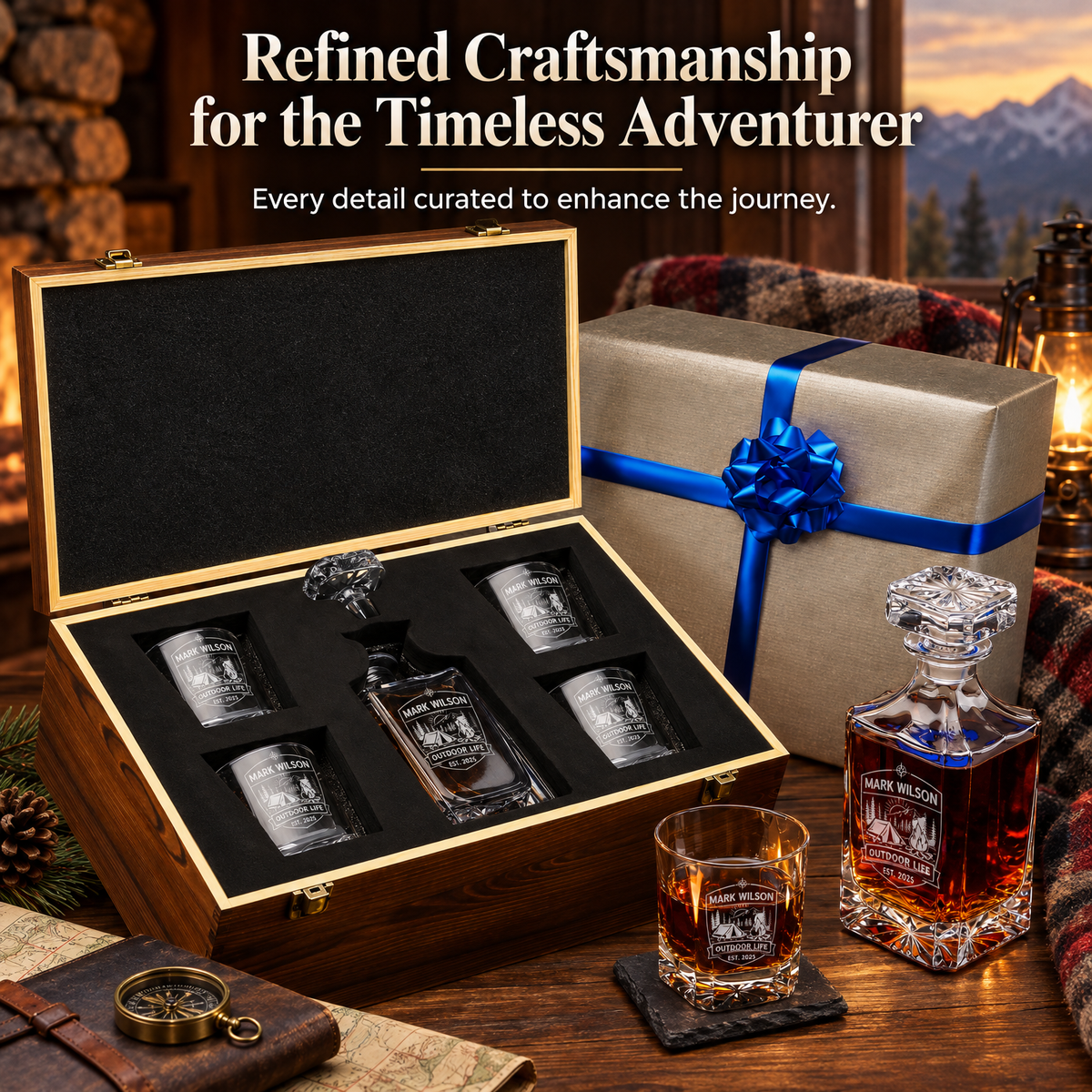 Gift for Outdoorsmen – Square Decanter Set with 4 Glasses & Wooden Box product image