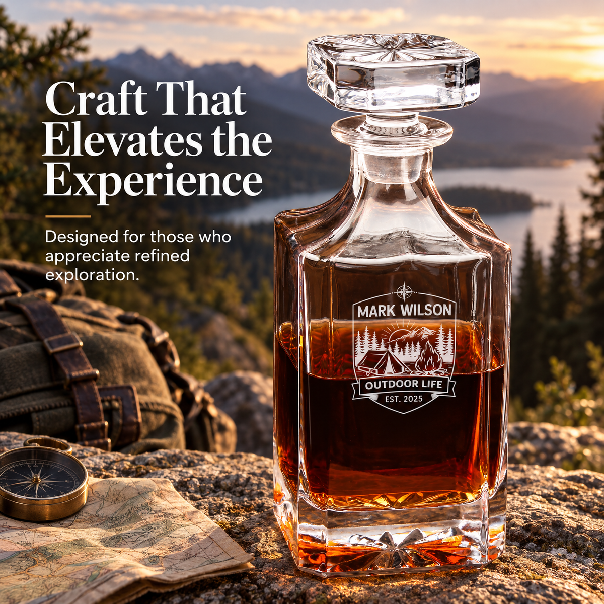 Gift for Outdoorsmen – Square Decanter Set with 4 Glasses & Wooden Box – image 16