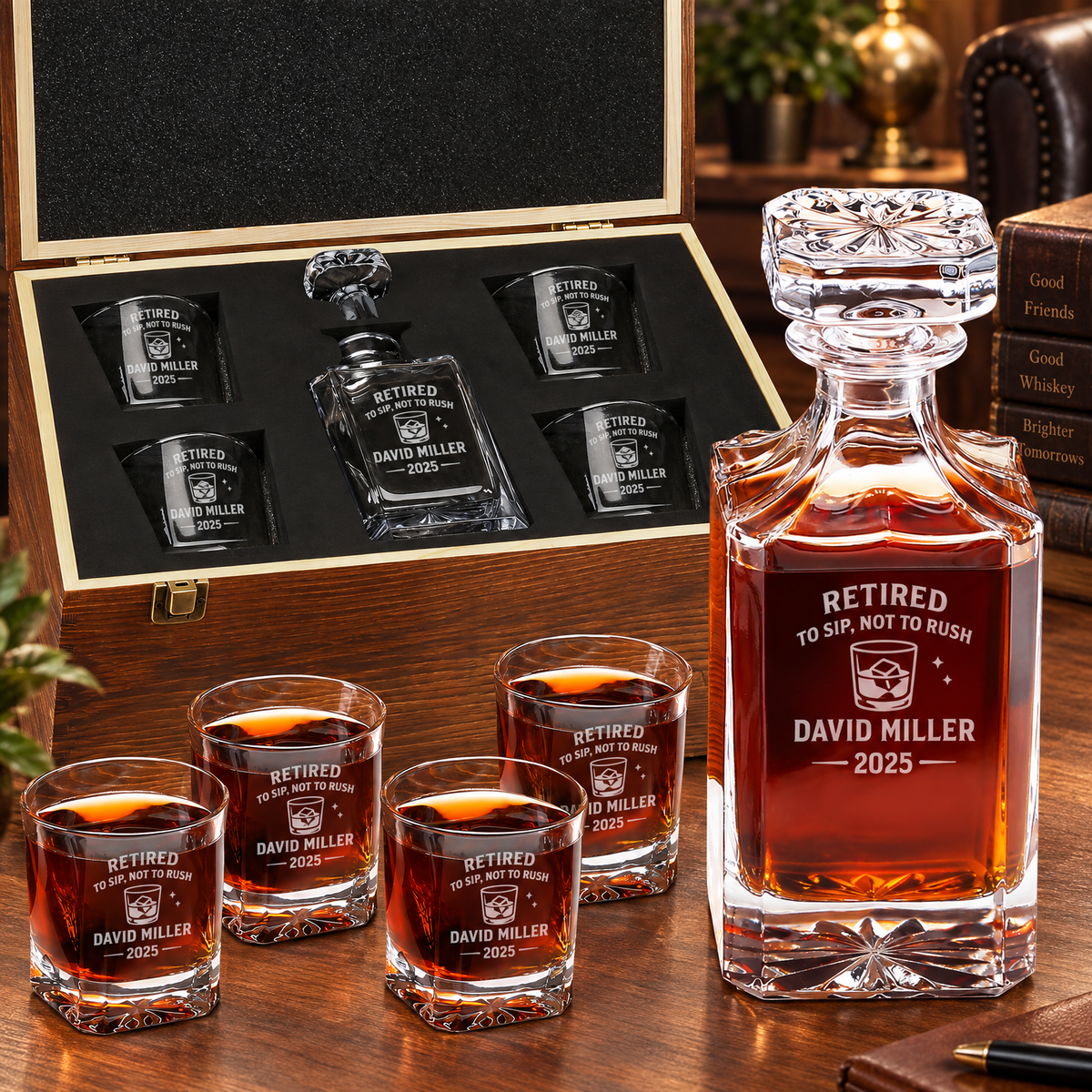 Retirement Gift – Square Decanter Set with 4 Glasses & Wooden Box product image
