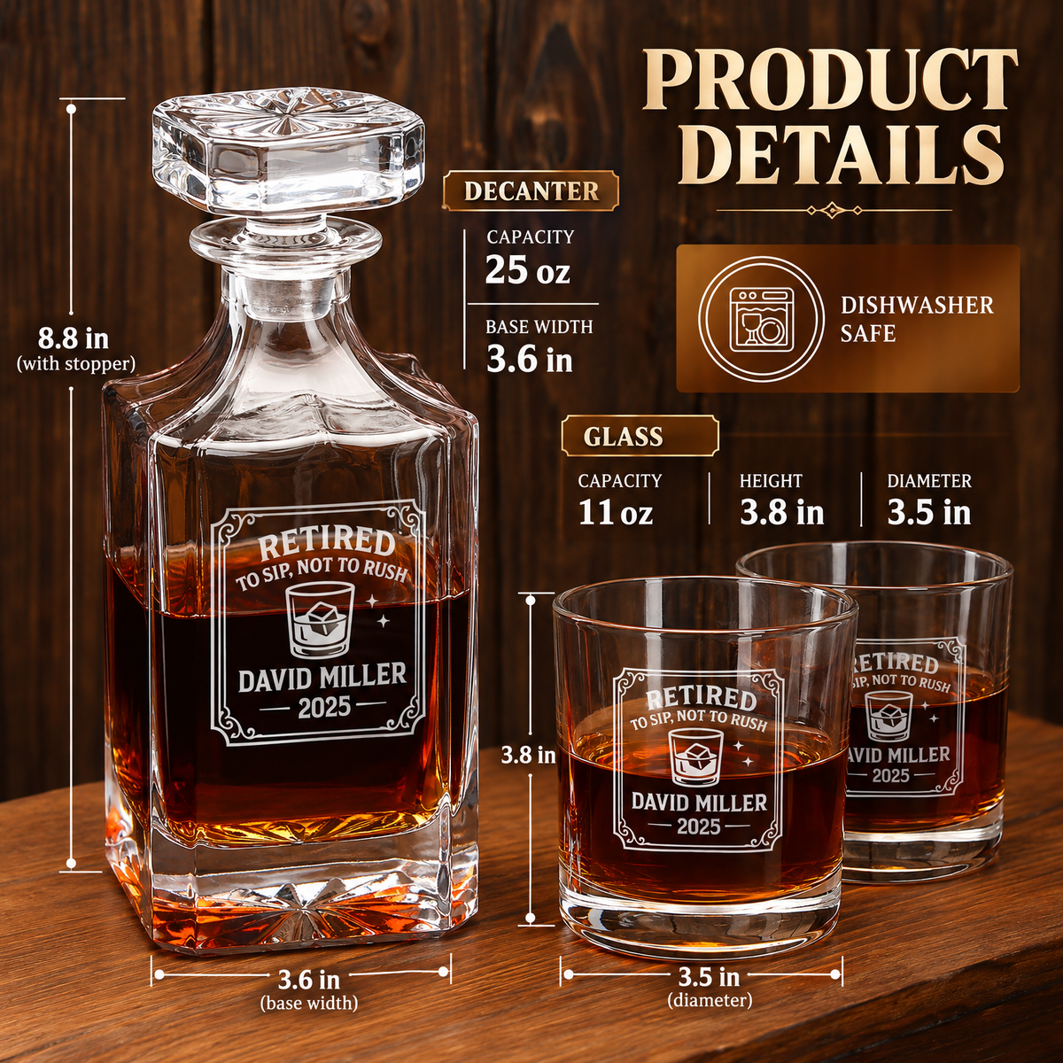 Retirement Gift – Square Decanter Set with 4 Glasses & Wooden Box product image