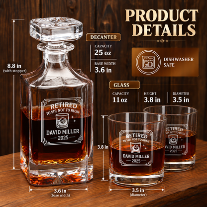 Retirement Gift – Square Decanter Set with 4 Glasses & Wooden Box – image 02