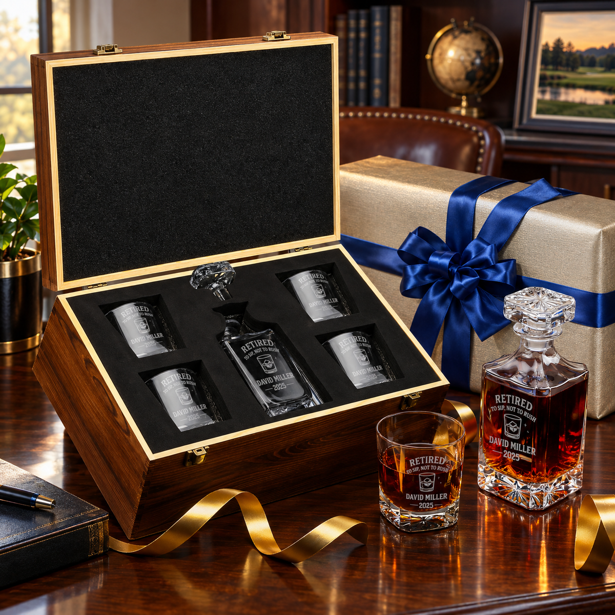 Retirement Gift – Square Decanter Set with 4 Glasses & Wooden Box product image