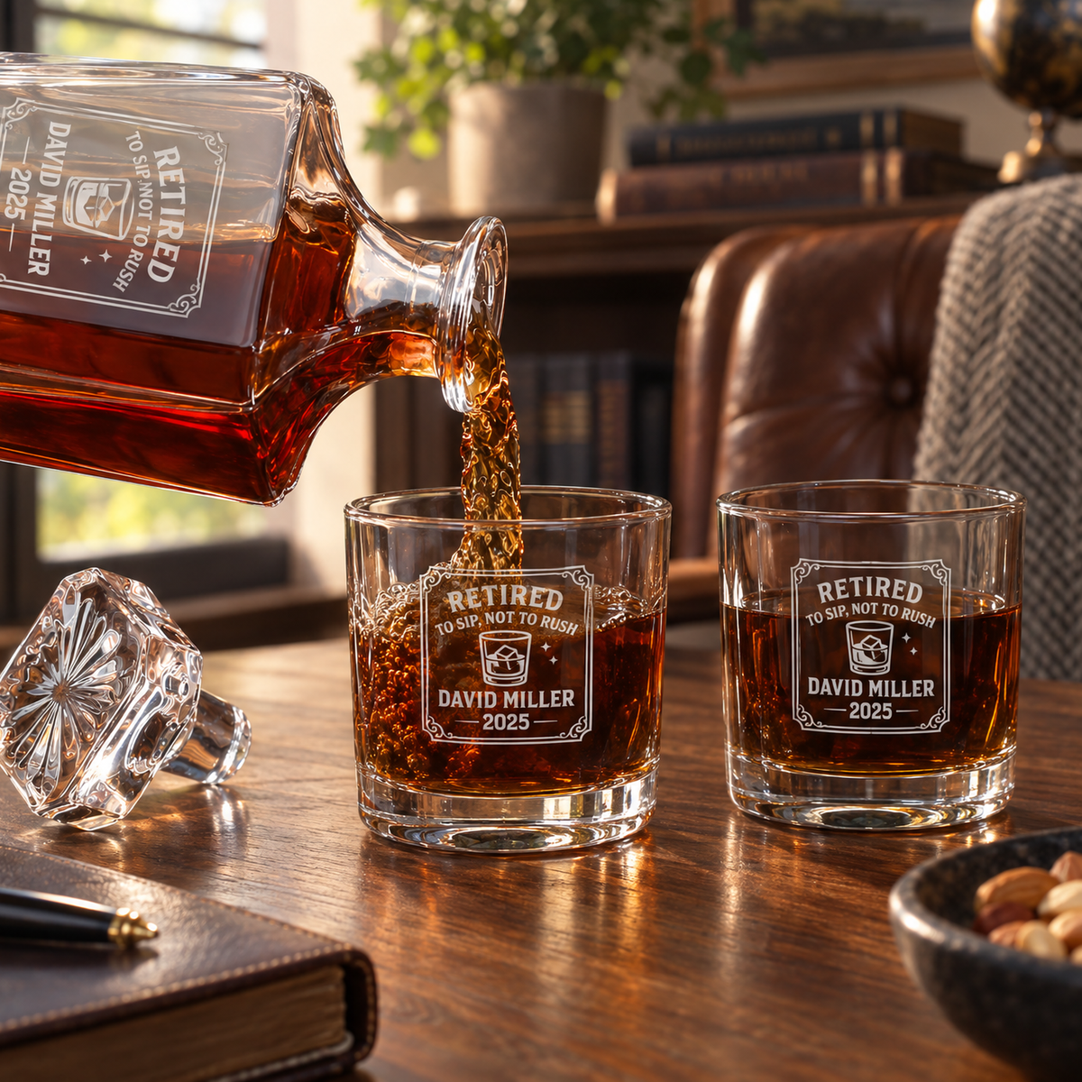 Retirement Gift – Square Decanter Set with 4 Glasses & Wooden Box product image