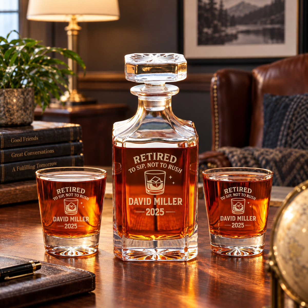 Retirement Gift – Square Decanter Set with 4 Glasses & Wooden Box product image