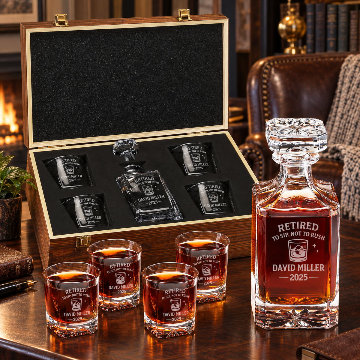 Retirement Gift – Square Decanter Set with 4 Glasses & Wooden Box – image 10