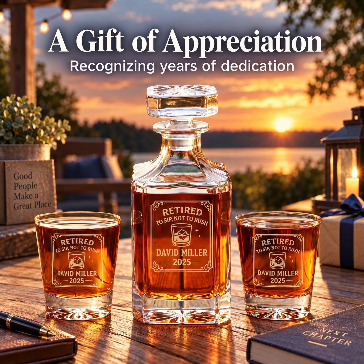 Retirement Gift – Square Decanter Set with 4 Glasses & Wooden Box – image 14