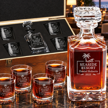 Travel & Hospitality Company Gifts – Square Decanter Set with 4 Glasses & Wooden Box – image 01