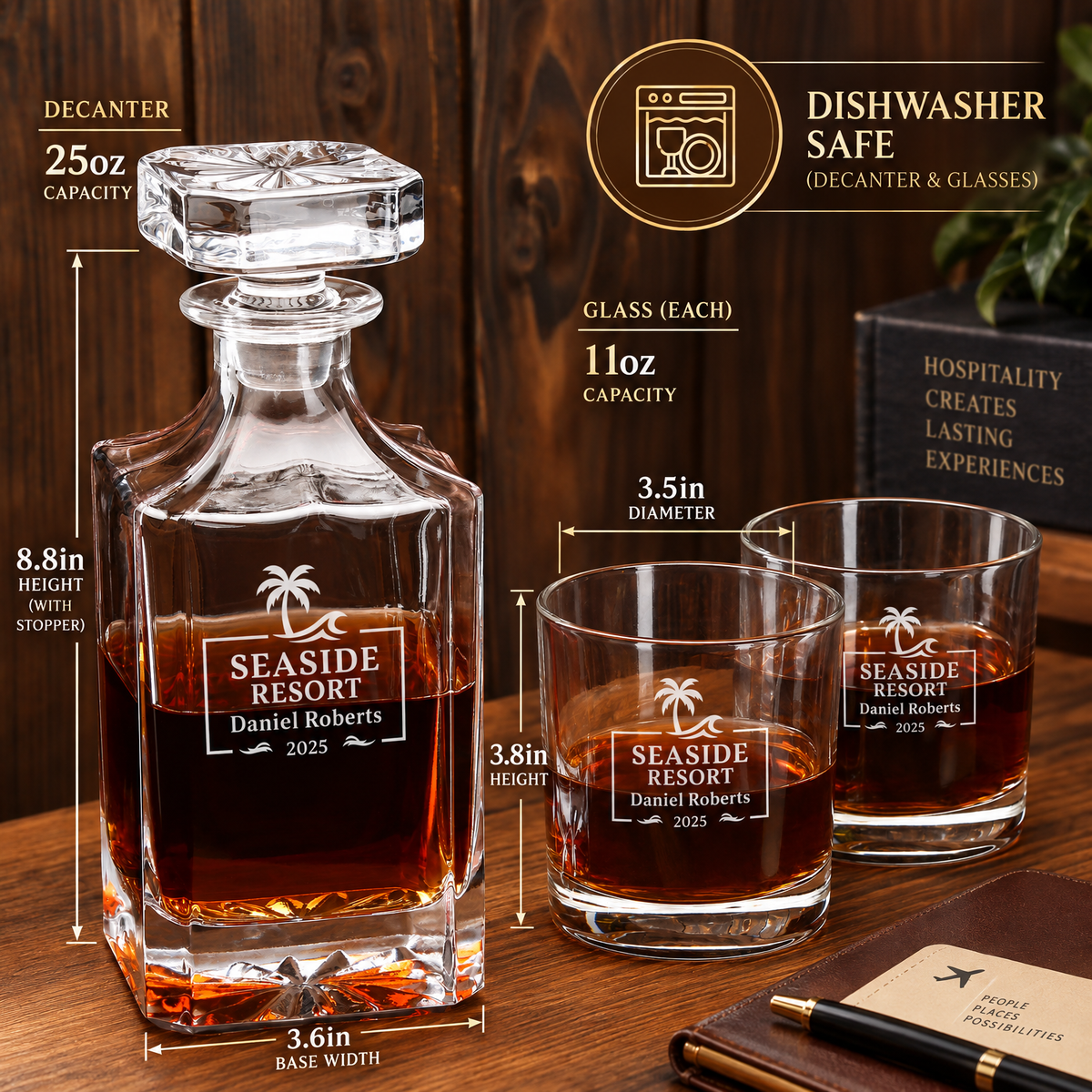 Travel & Hospitality Company Gifts – Square Decanter Set with 4 Glasses & Wooden Box – image 02