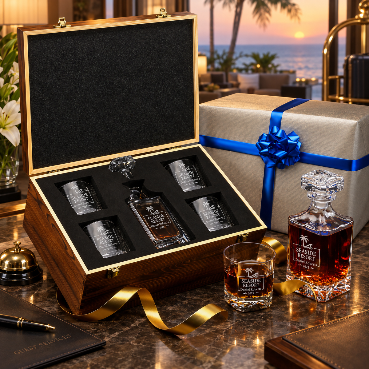 Travel & Hospitality Company Gifts – Square Decanter Set with 4 Glasses & Wooden Box product image