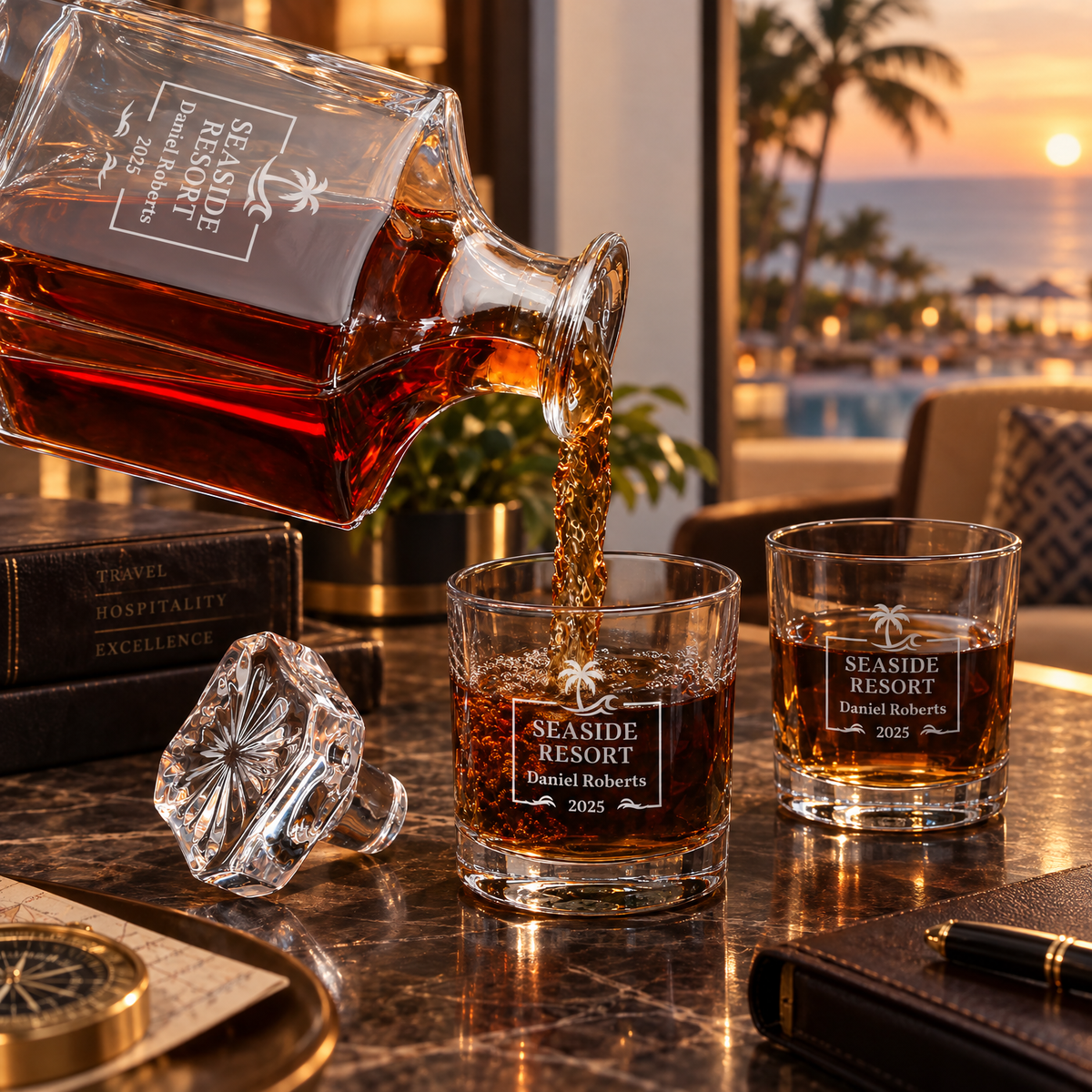 Travel & Hospitality Company Gifts – Square Decanter Set with 4 Glasses & Wooden Box – image 06