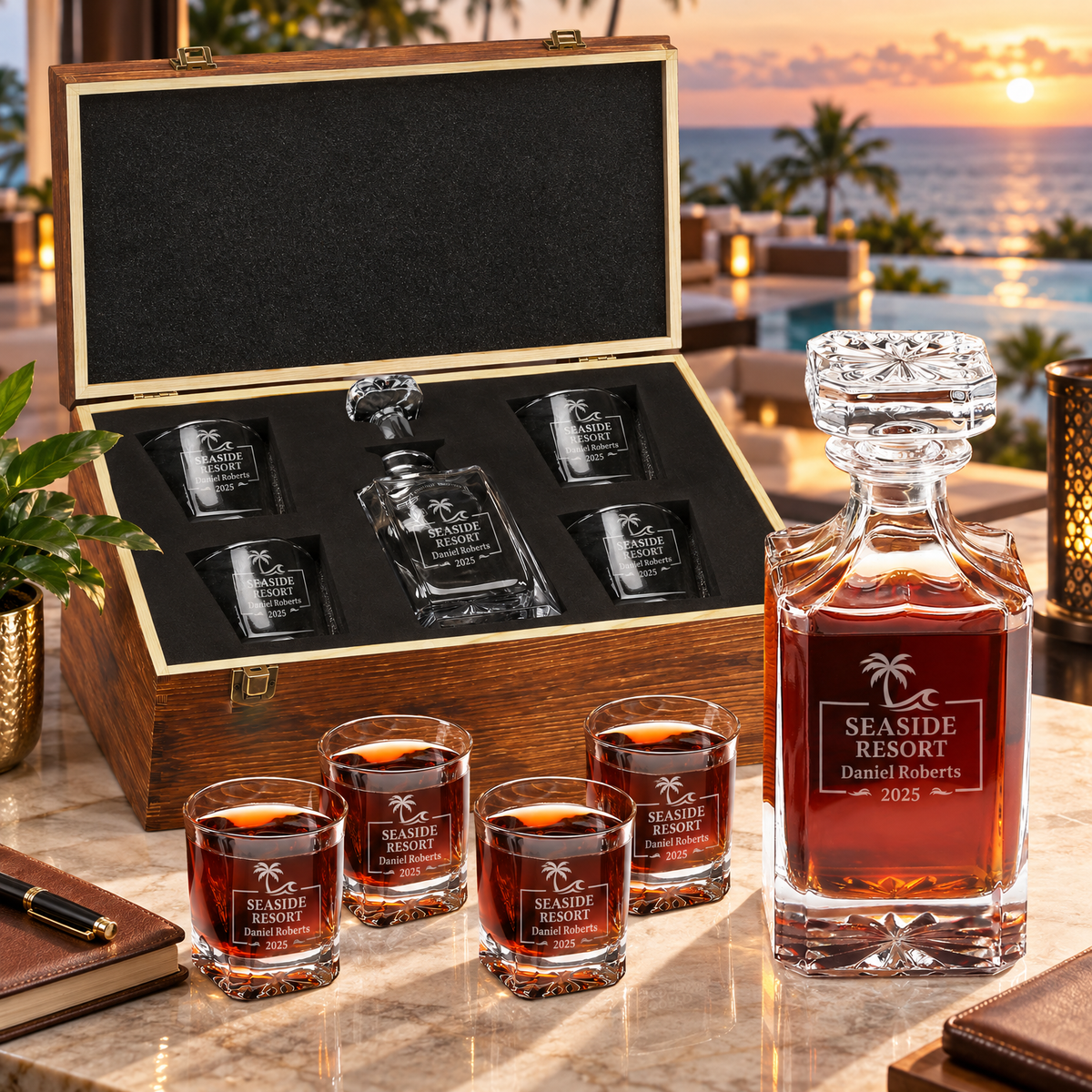 Travel & Hospitality Company Gifts – Square Decanter Set with 4 Glasses & Wooden Box – image 10