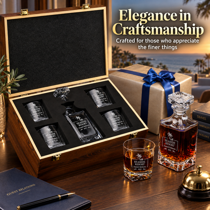 Travel & Hospitality Company Gifts – Square Decanter Set with 4 Glasses & Wooden Box – image 12