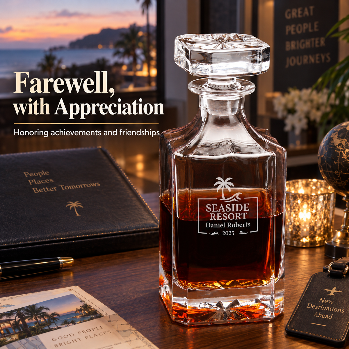 Travel & Hospitality Company Gifts – Square Decanter Set with 4 Glasses & Wooden Box product image