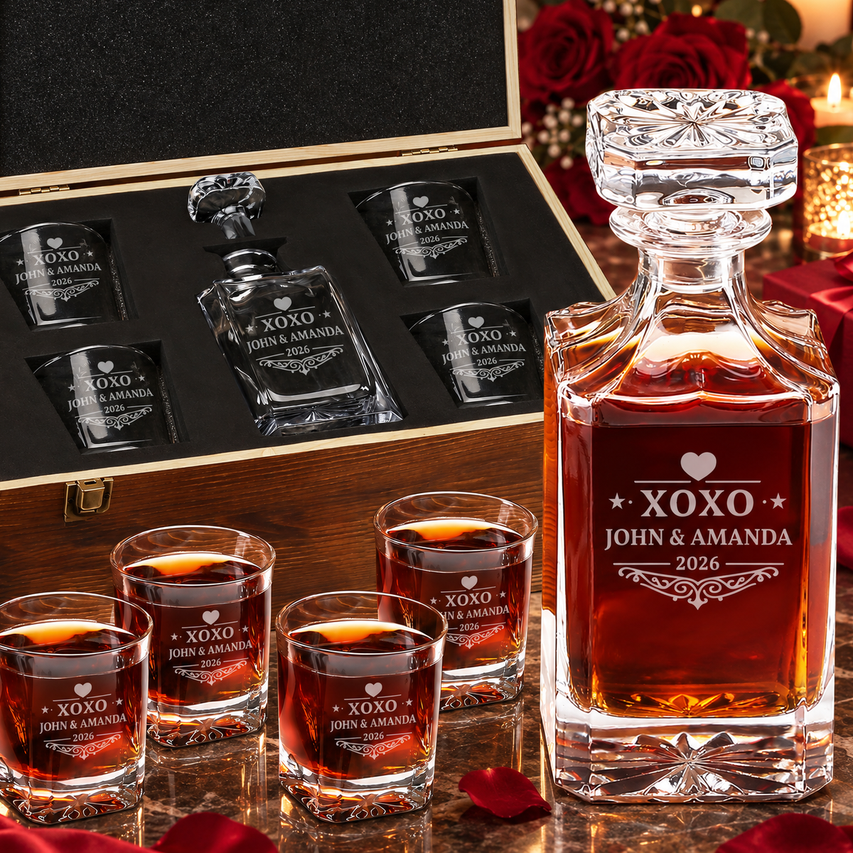 Valentine's Day Gift – Square Decanter Set with 4 Glasses & Wooden Box – image 01