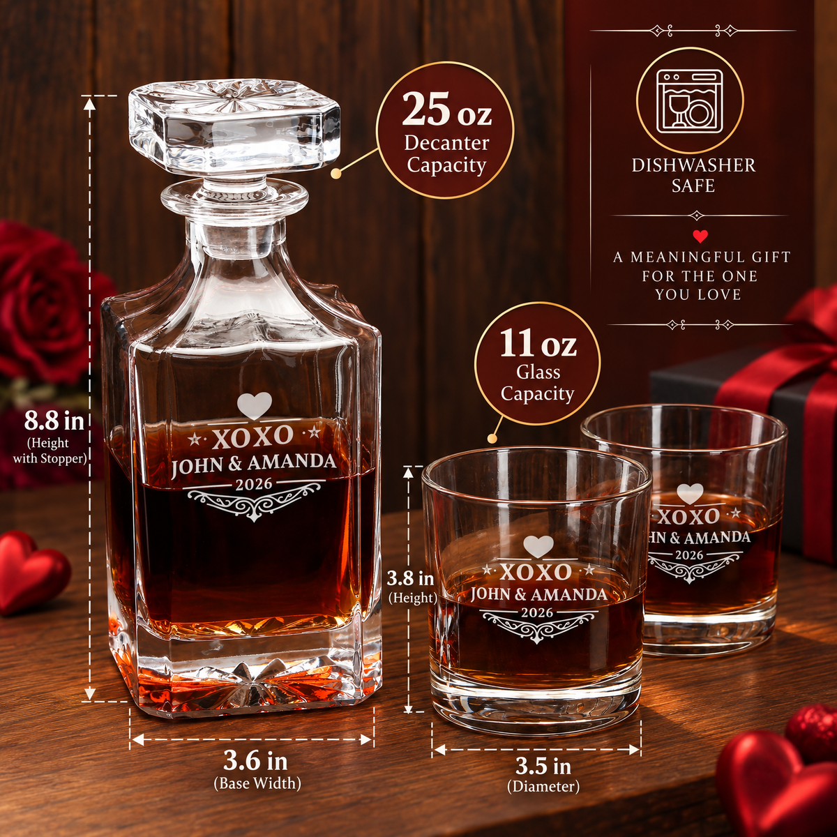 Valentine's Day Gift – Square Decanter Set with 4 Glasses & Wooden Box product image