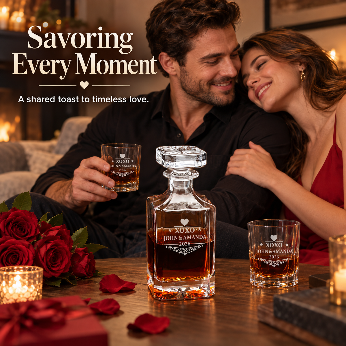 Valentine's Day Gift – Square Decanter Set with 4 Glasses & Wooden Box – image 03