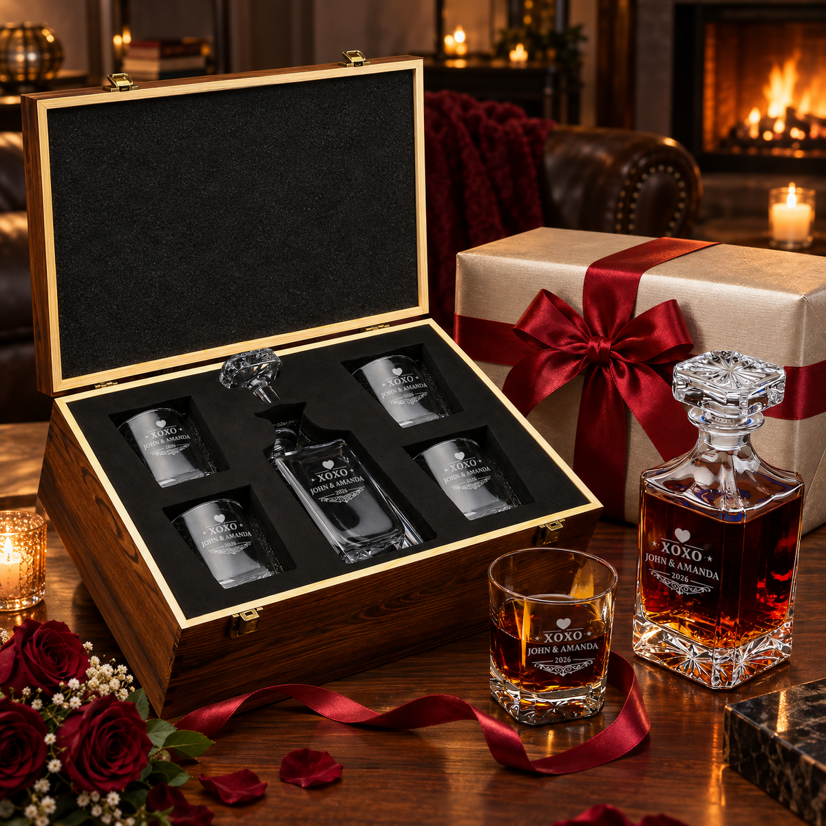 Valentine's Day Gift – Square Decanter Set with 4 Glasses & Wooden Box – image 04