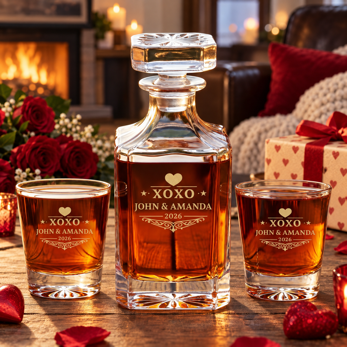 Valentine's Day Gift – Square Decanter Set with 4 Glasses & Wooden Box product image