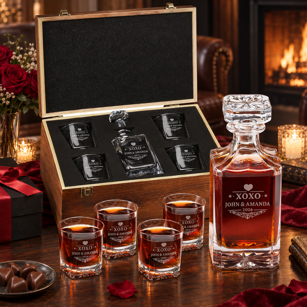 Valentine's Day Gift – Square Decanter Set with 4 Glasses & Wooden Box – image 10