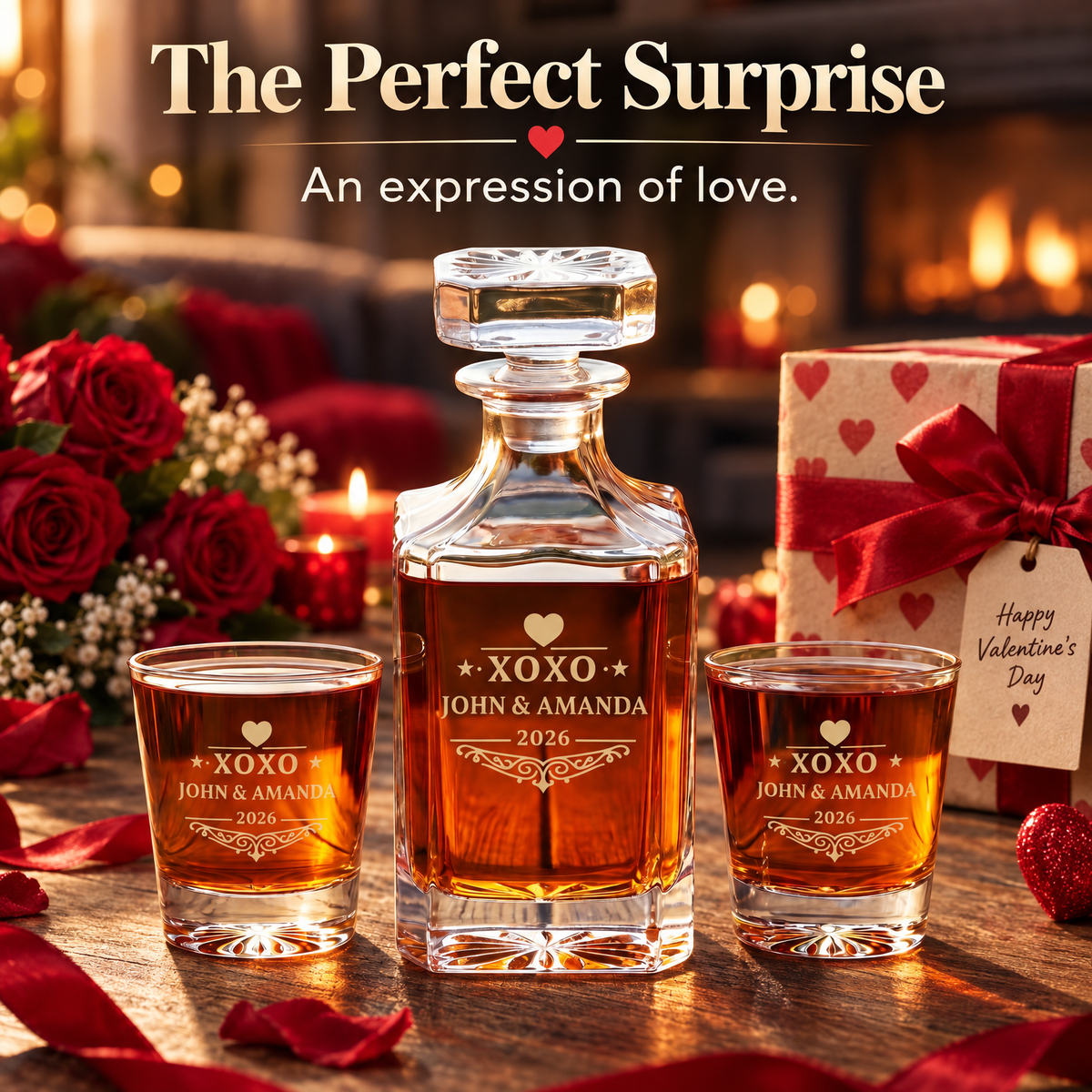 Valentine's Day Gift – Square Decanter Set with 4 Glasses & Wooden Box product image