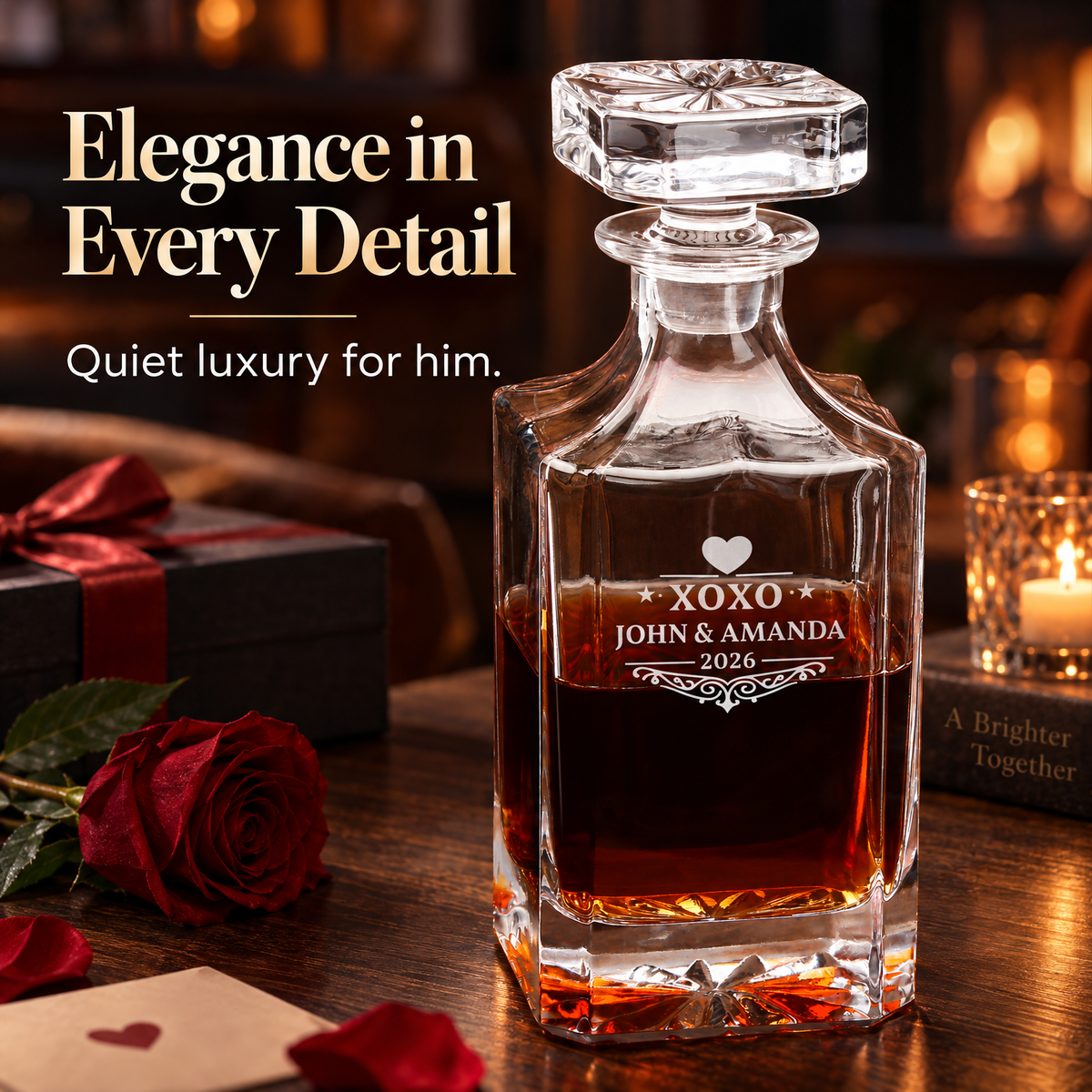 Valentine's Day Gift – Square Decanter Set with 4 Glasses & Wooden Box product image