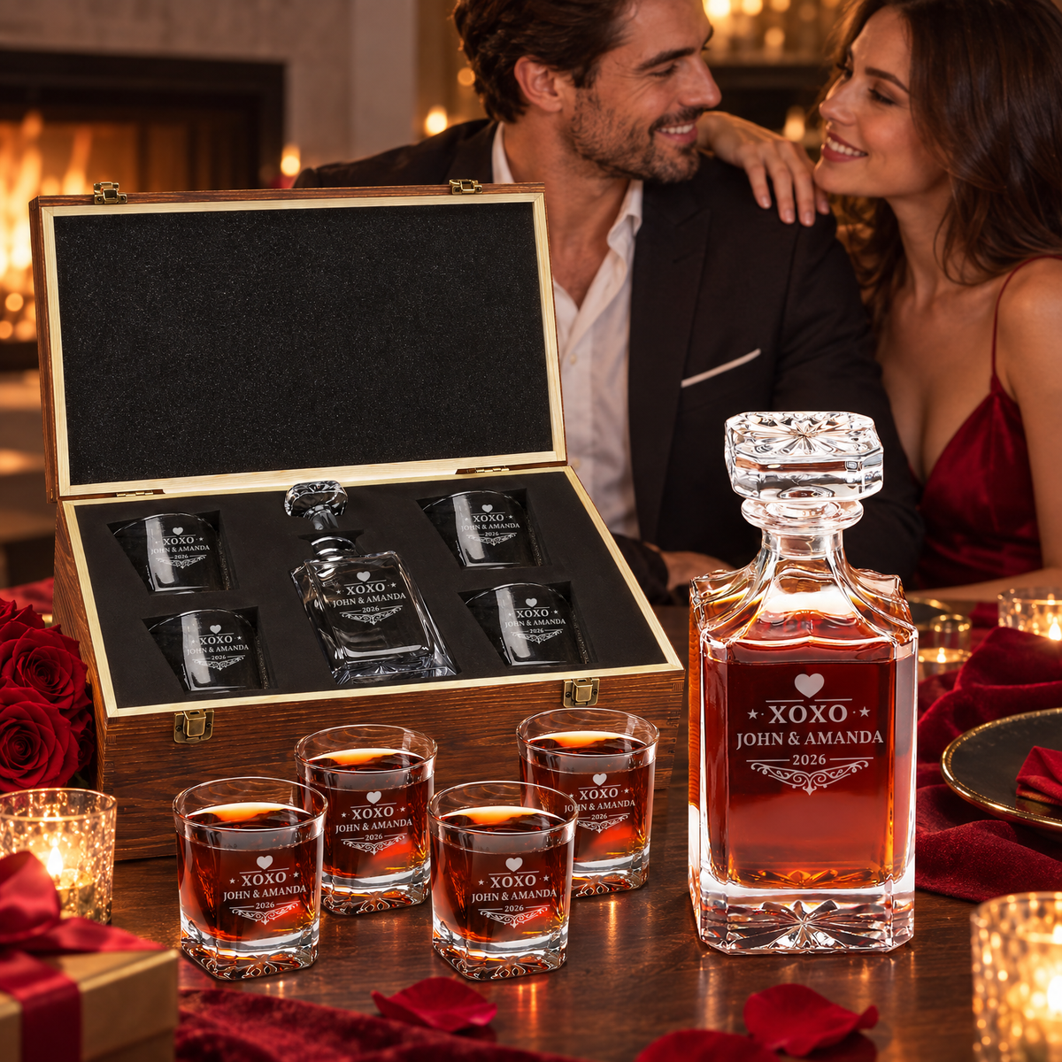 Valentine's Day Gift – Square Decanter Set with 4 Glasses & Wooden Box product image