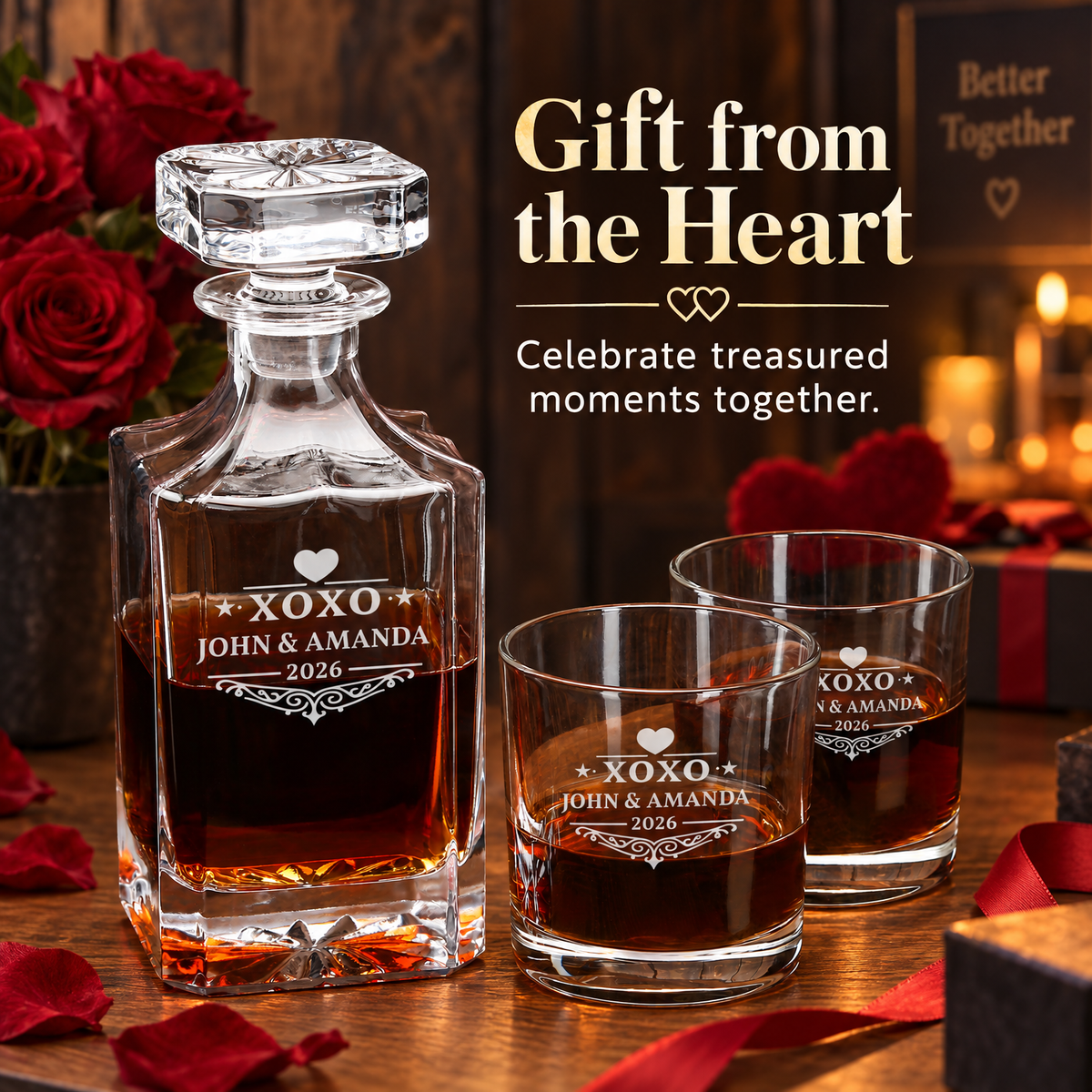 Valentine's Day Gift – Square Decanter Set with 4 Glasses & Wooden Box product image