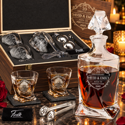 Anniversary Gift – Twisted Decanter Set with 2 Glasses, 2 Whiskey Balls & Wooden Box – image 01