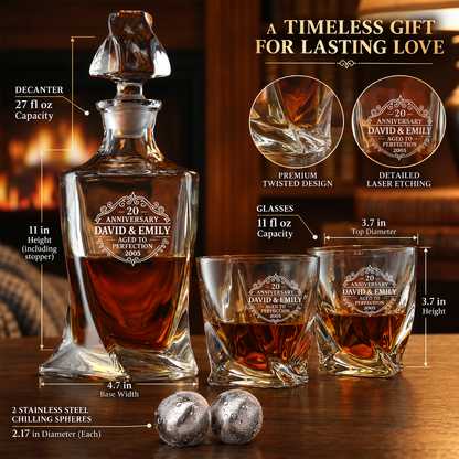 Anniversary Gift – Twisted Decanter Set with 2 Glasses, 2 Whiskey Balls & Wooden Box – image 02