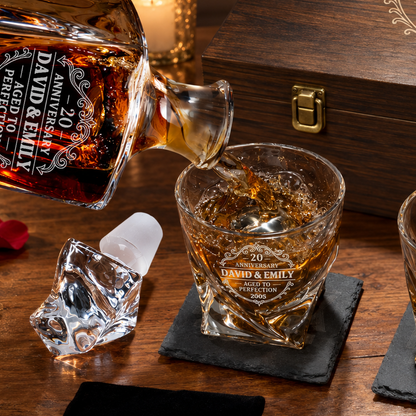Anniversary Gift – Twisted Decanter Set with 2 Glasses, 2 Whiskey Balls & Wooden Box – image 04