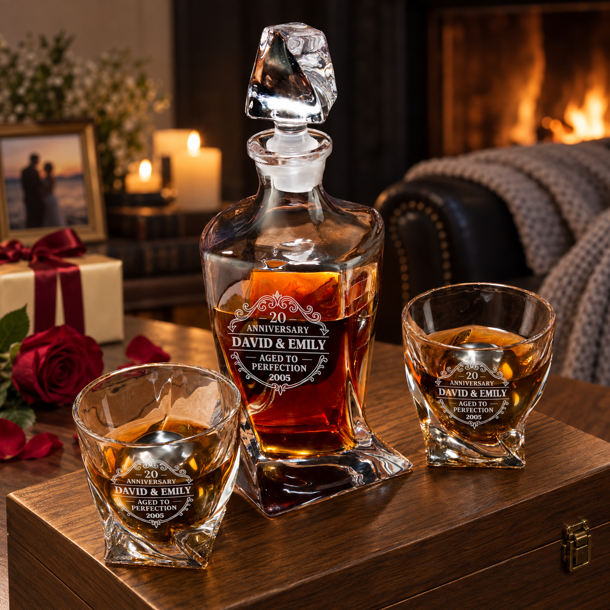 Anniversary Gift – Twisted Decanter Set with 2 Glasses, 2 Whiskey Balls & Wooden Box product image