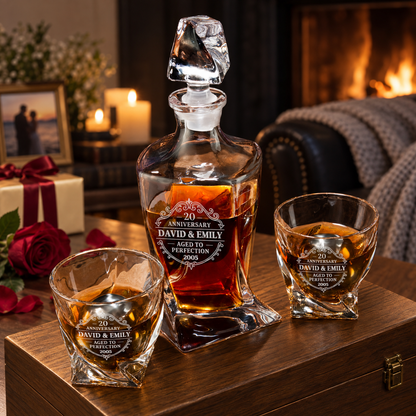 Anniversary Gift – Twisted Decanter Set with 2 Glasses, 2 Whiskey Balls & Wooden Box – image 06