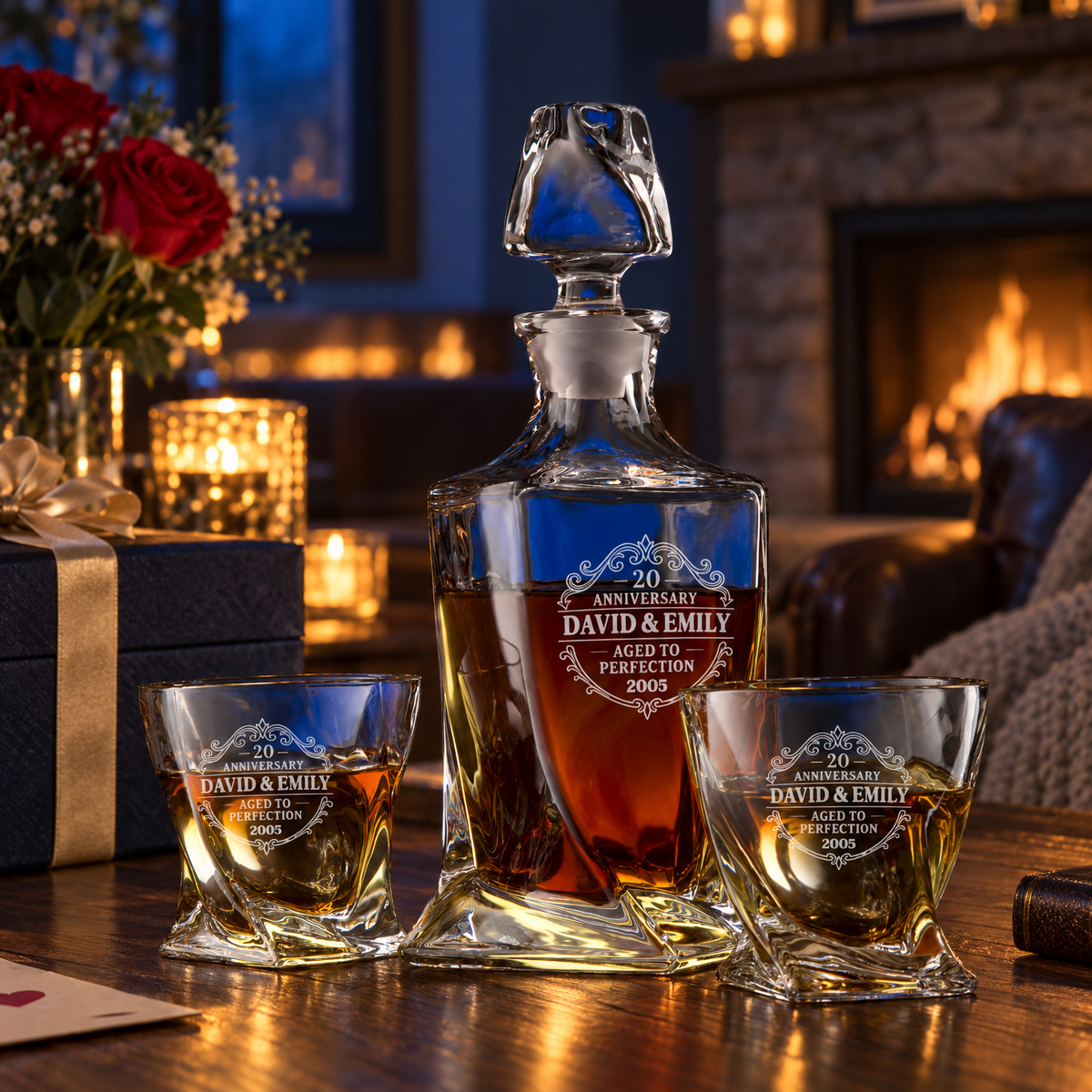 Anniversary Gift – Twisted Decanter Set with 2 Glasses, 2 Whiskey Balls & Wooden Box – image 08