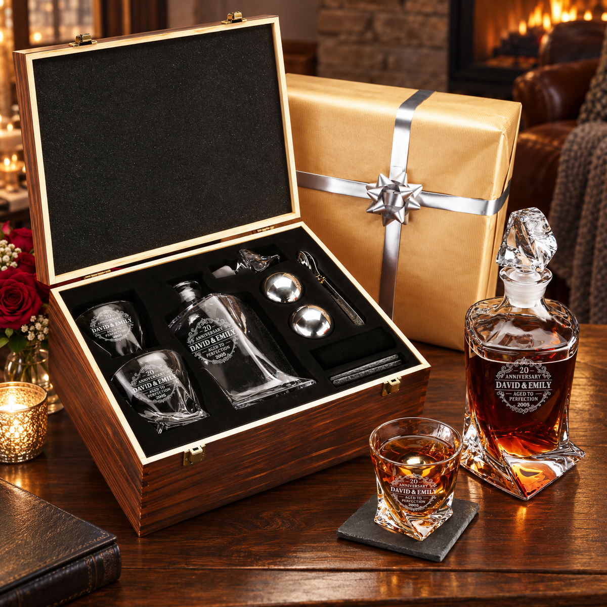 Anniversary Gift – Twisted Decanter Set with 2 Glasses, 2 Whiskey Balls & Wooden Box – image 10