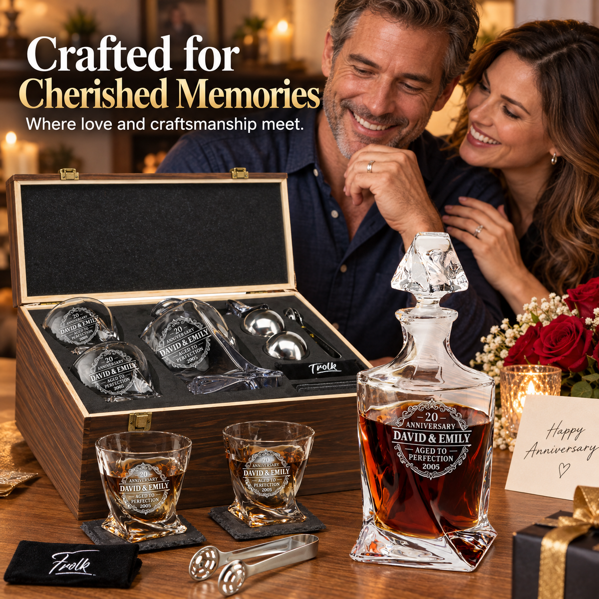 Anniversary Gift – Twisted Decanter Set with 2 Glasses, 2 Whiskey Balls & Wooden Box product image
