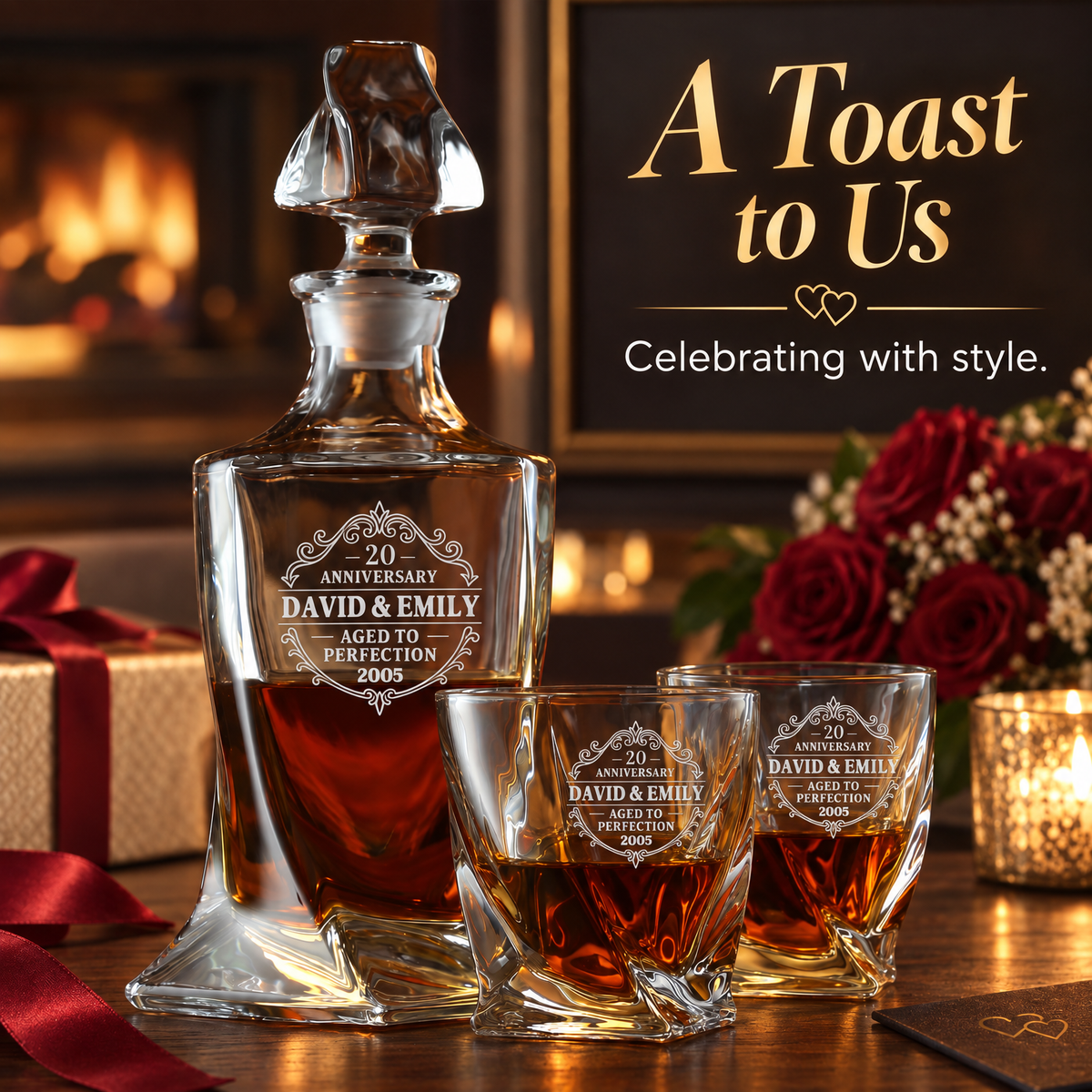 Anniversary Gift – Twisted Decanter Set with 2 Glasses, 2 Whiskey Balls & Wooden Box product image