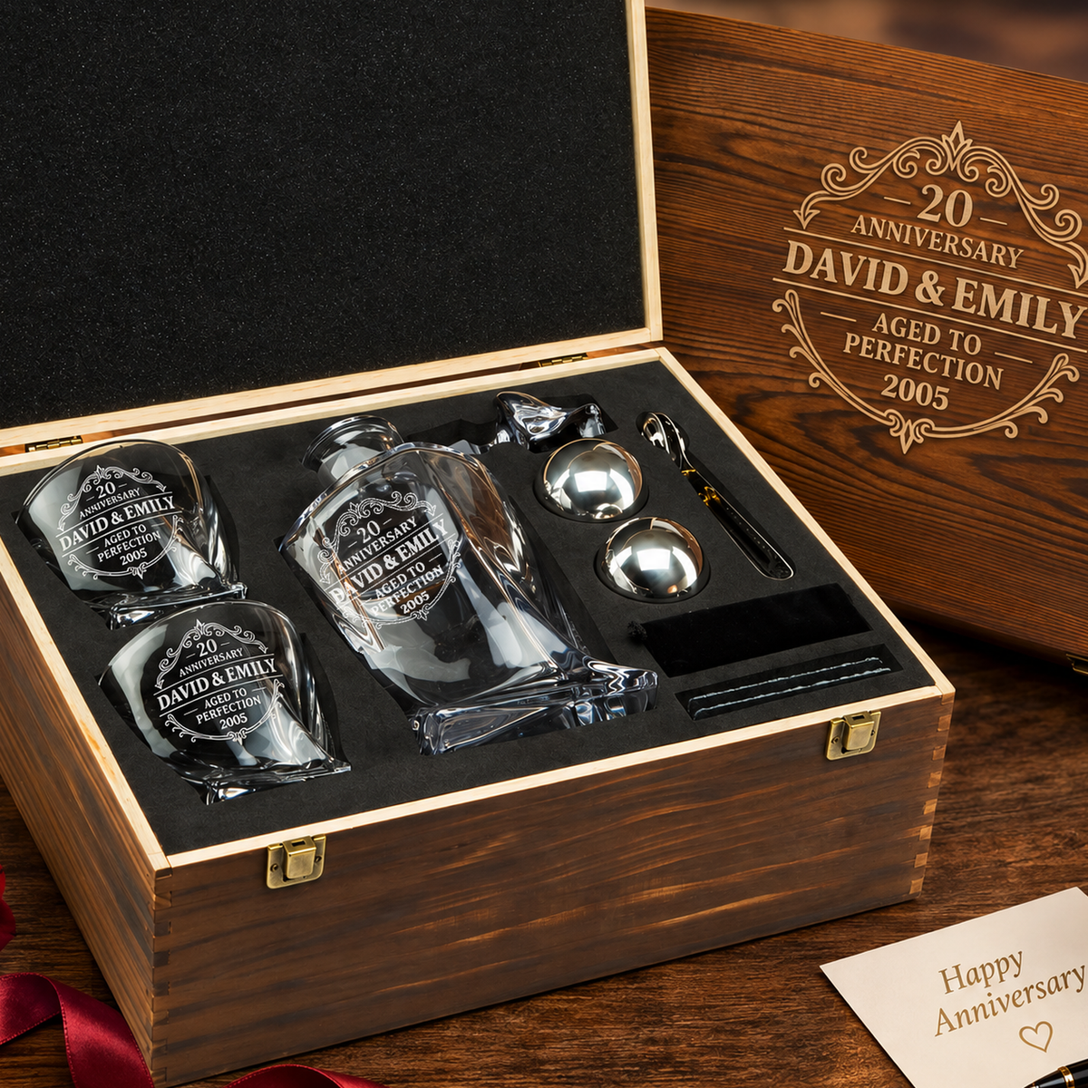 Anniversary Gift – Twisted Decanter Set with 2 Glasses, 2 Whiskey Balls & Wooden Box product image