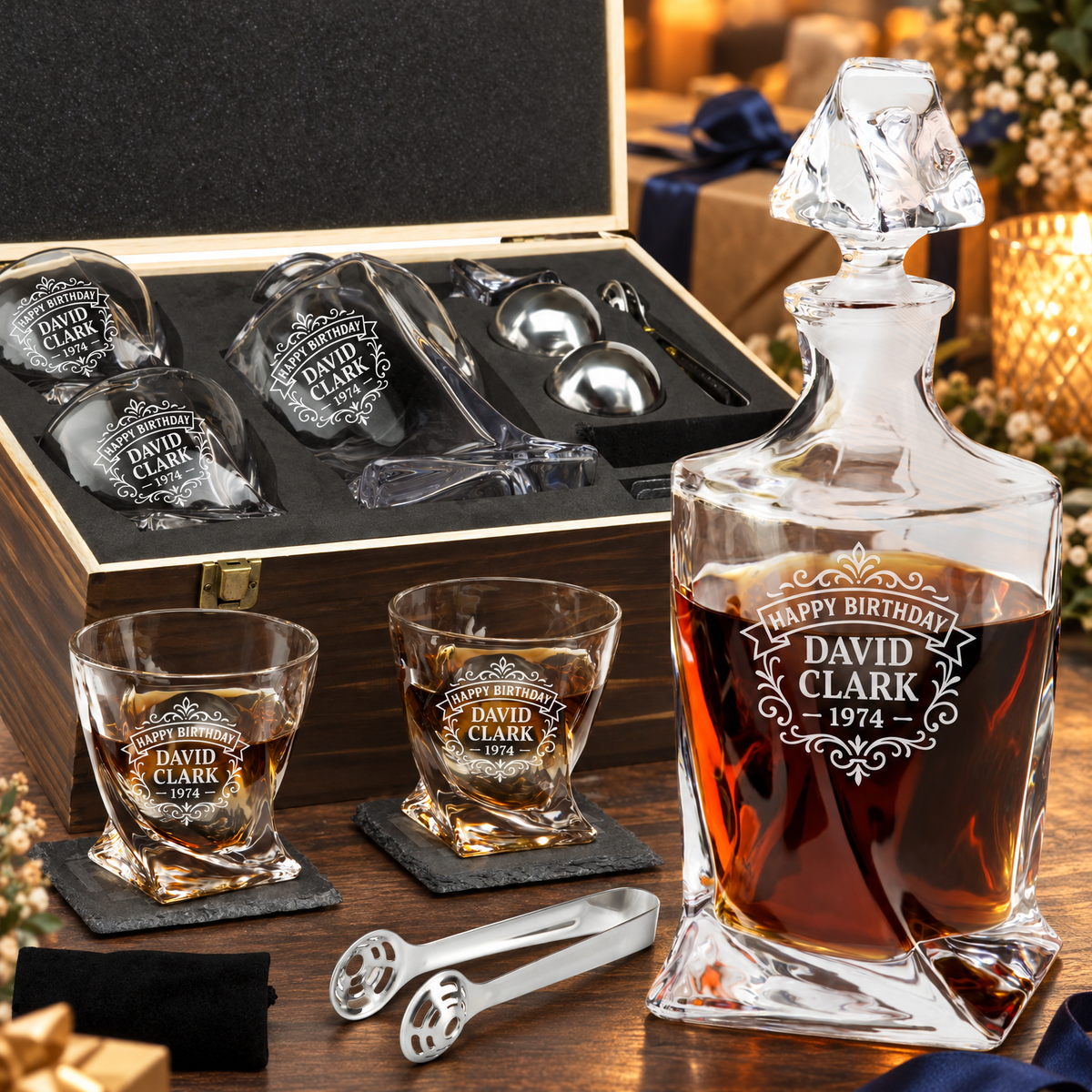Birthday Gift – Twisted Decanter Set with 2 Glasses, 2 Whiskey Balls & Wooden Box product image
