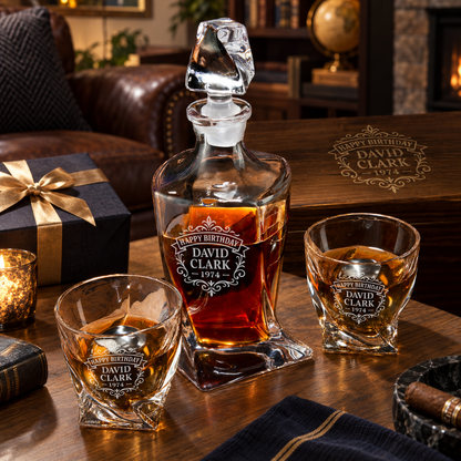 Birthday Gift – Twisted Decanter Set with 2 Glasses, 2 Whiskey Balls & Wooden Box – image 06