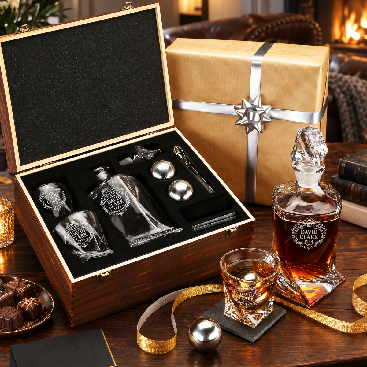 Birthday Gift – Twisted Decanter Set with 2 Glasses, 2 Whiskey Balls & Wooden Box product image