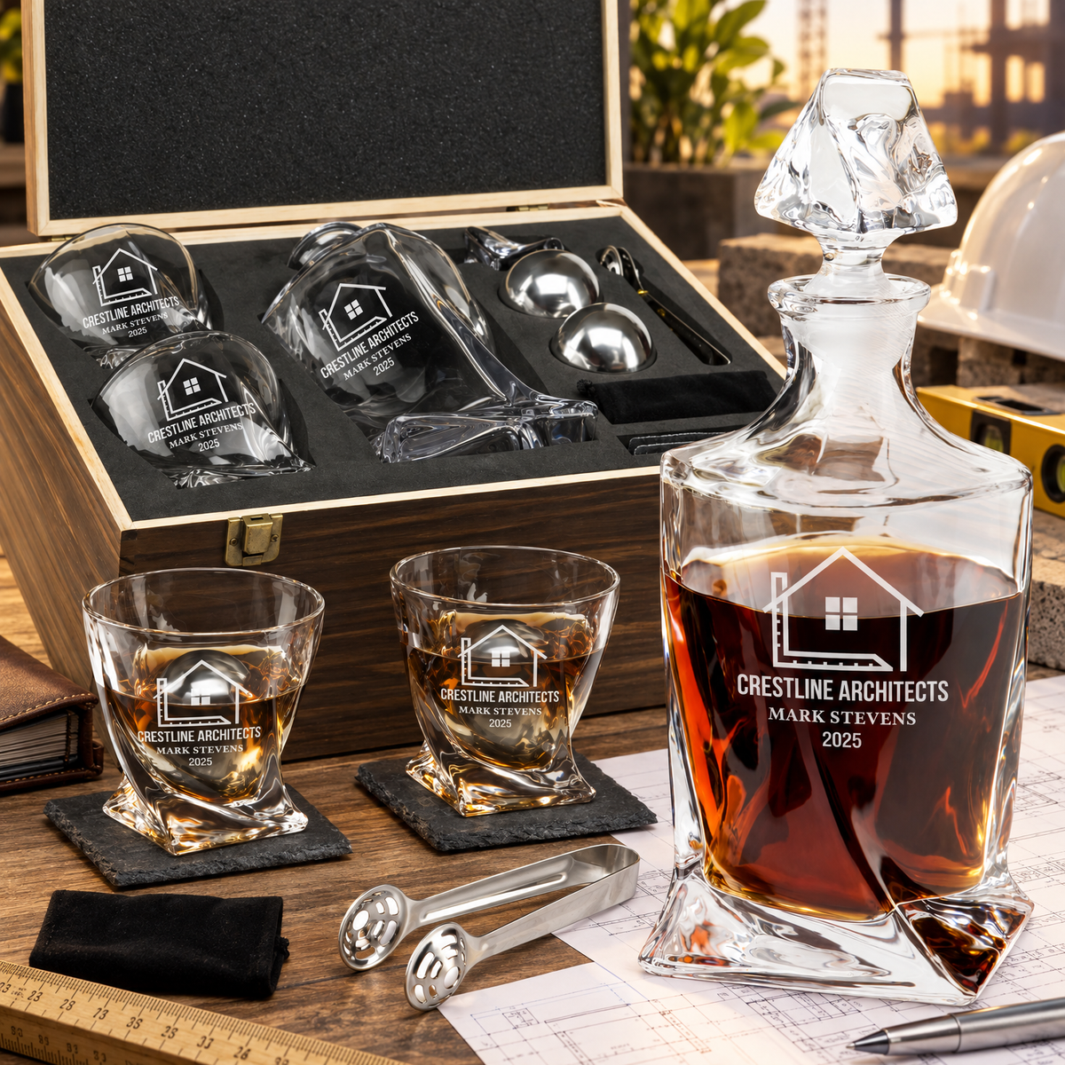 Construction Company Gifts – Twisted Decanter Set with 2 Glasses, 2 Whiskey Balls & Wooden Box product image