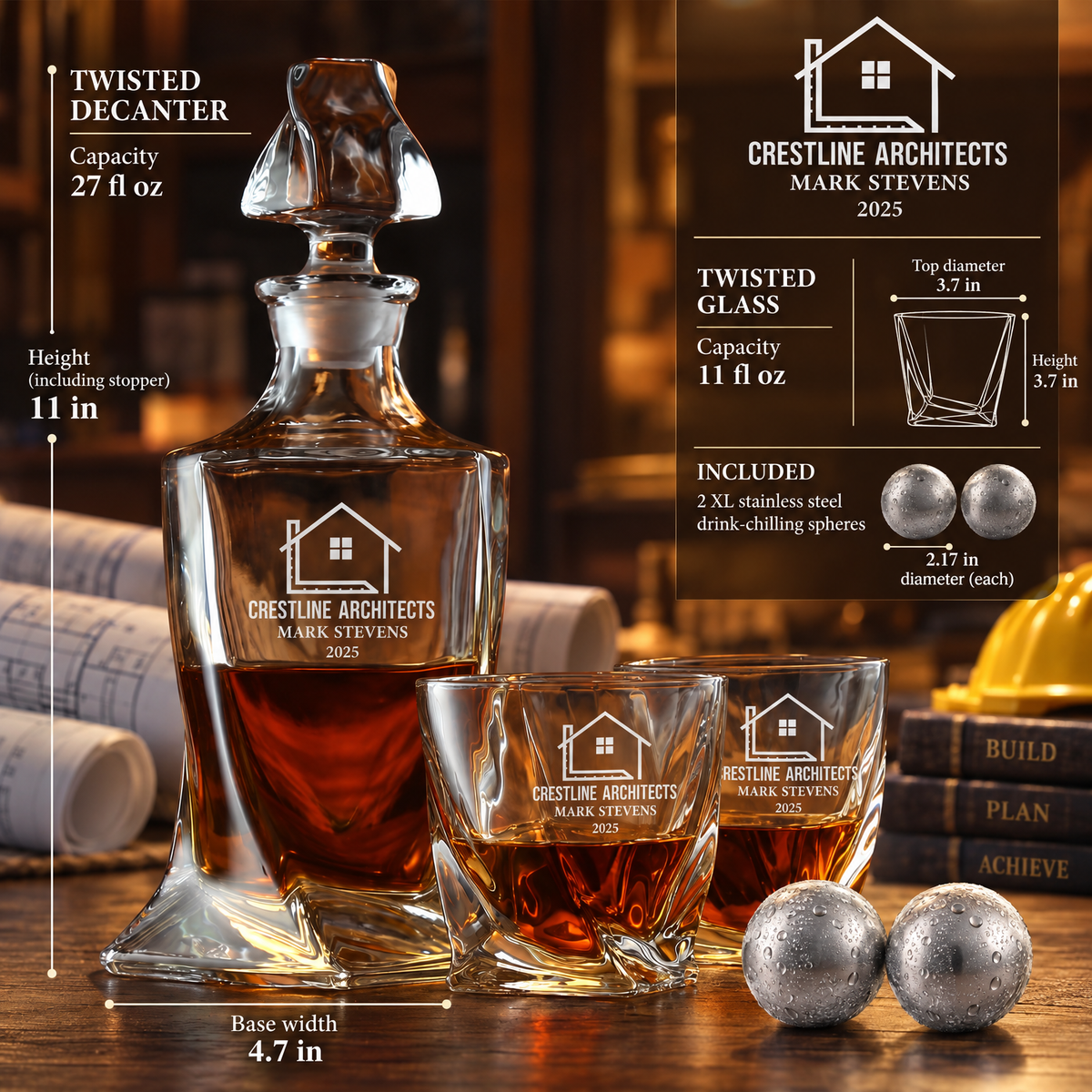 Construction Company Gifts – Twisted Decanter Set with 2 Glasses, 2 Whiskey Balls & Wooden Box product image